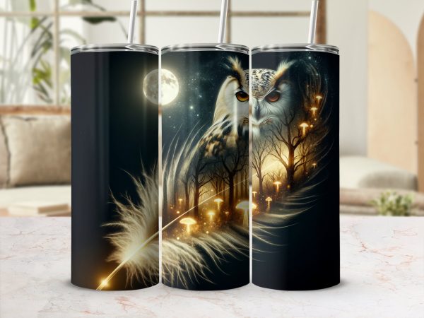 Owl Forest Moonlit Night 20oz Skinny Sublimation Tumbler Wrap, Ethereal Feather Design with Glowing Mushrooms and Night Sky, Celestial - Image 2