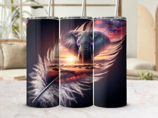 African Elephant Feather Art, 20oz Skinny Tumbler Wrap, Wildlife Sublimation Design, Nature Sunset Tumbler Wrap, Animal Print Tumbler - Image 2