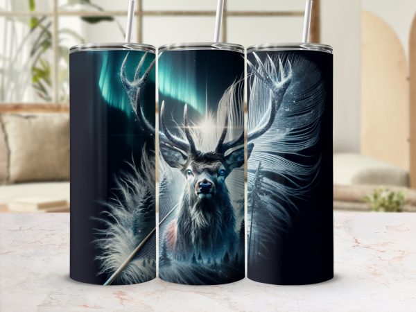 Northern Lights Reindeer Tumbler, 20oz Sublimation Wrap, Winter Forest Design, Starry Night Deer Art, Christmas Gift - Image 2