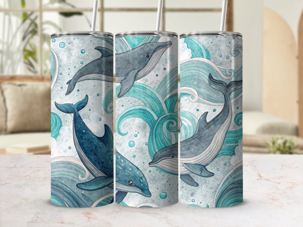 Whale Design Ocean Waves Themed 20oz Skinny Tumbler Wrap - Image 2