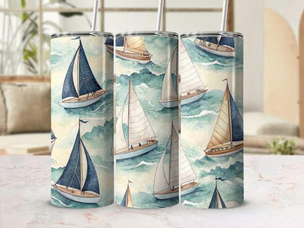 Nautical Sailboats Pattern on Blue Waves 20oz Skinny Tumbler Wrap - Image 2