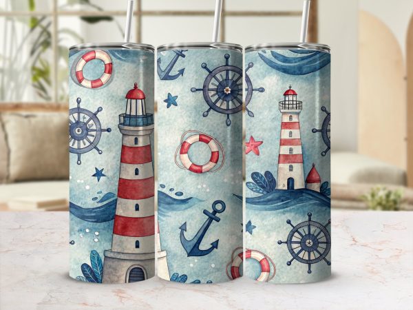 Nautical Lighthouse and Anchors Design 20oz Skinny Tumbler Wrap - Image 2