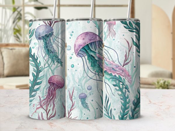 Watercolor Jellyfish Theme for 20oz Skinny Tumbler Wrap - Image 2