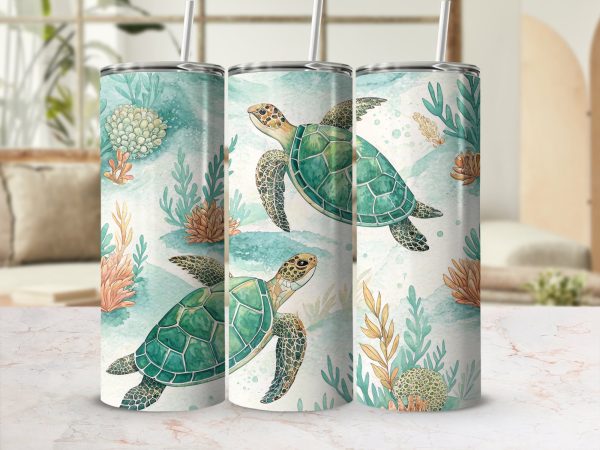 Sea Turtle and Ocean Scene 20oz Skinny Sublimation Tumbler Wrap - Image 2