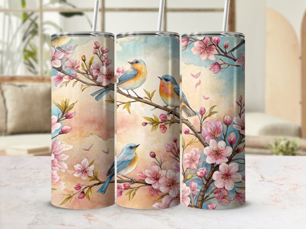 Beautiful Birds on Cherry Blossoms 20oz Skinny Sublimation Tumbler Wrap - Image 2