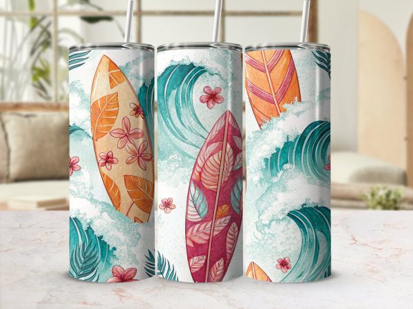 Vibrant Tropical Surfboard Artwork 20oz Skinny Sublimation Tumbler Wrap - Image 2