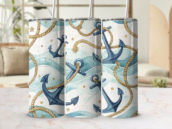 Anchors And Ropes Nautical Blue Waves 20oz Skinny Sublimation Tumbler Wrap - Image 2