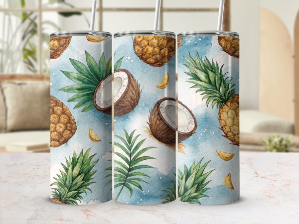 Tropical Pineapples and Coconuts Design 20oz Skinny Sublimation Tumbler Wrap - Image 2