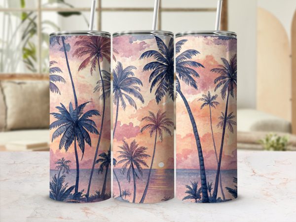 Vintage Sunset Palm Trees Tropical Beach Scene 20oz Skinny Sublimation Tumbler Wrap - Image 2