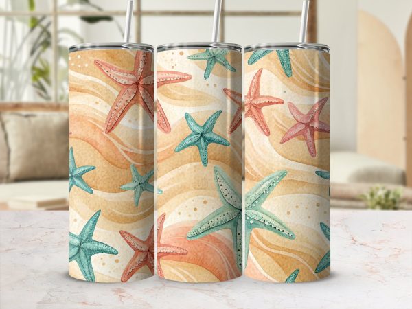 Starfish and Waves Beach Pattern 20oz Skinny Sublimation Tumbler Wrap - Image 2