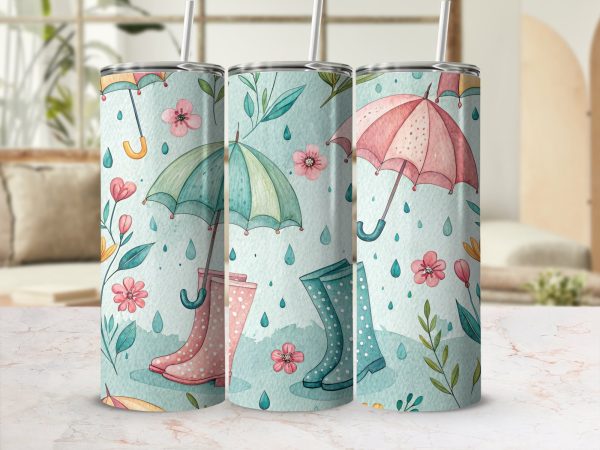 Umbrellas and Rain Boots Floral 20oz Skinny Sublimation Tumbler Wrap - Image 2