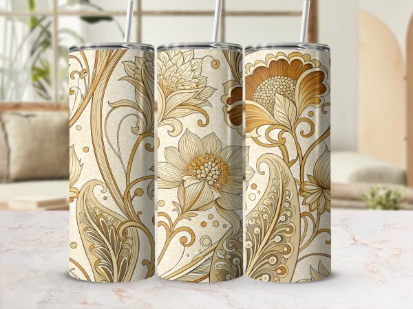 Elegant Gold and Beige Floral Pattern 20oz Skinny Sublimation Tumbler Wrap