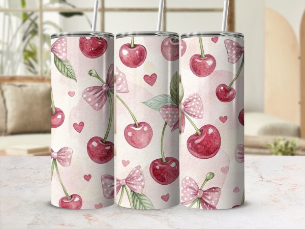 Adorable Cherry Heart and Bow Pattern 20oz Skinny Sublimation Tumbler Wrap