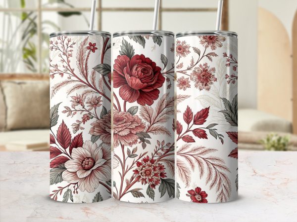 Beautiful Detailed Red Floral Print 20oz Skinny Sublimation Tumbler Wrap