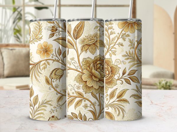 Vintage Gold Floral Pattern 20oz Skinny Sublimation Tumbler Wrap