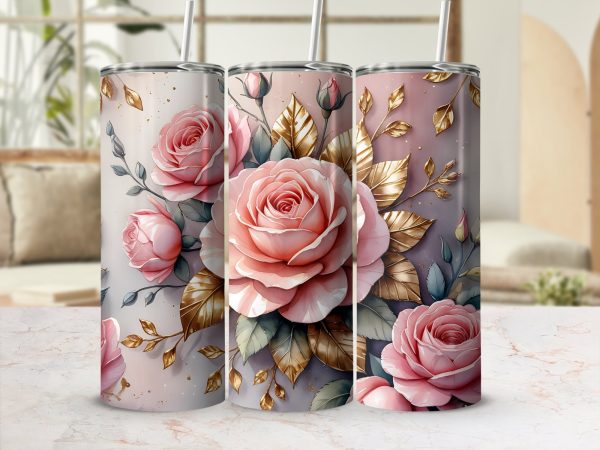 Elegant Vintage Roses with Golden Leaves 20oz Skinny Tumbler Sublimation Wrap - Image 2