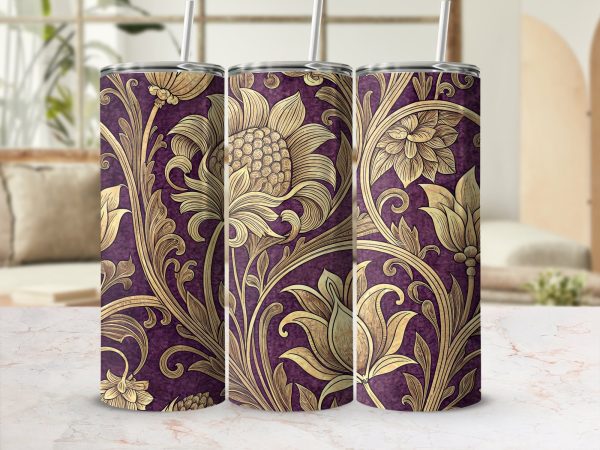 Ornate Floral Illustration on Purple 20oz Skinny Sublimation Tumbler Wrap