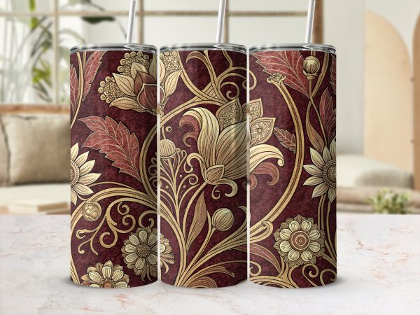 Elegant Gold Floral Pattern on Burgundy 20oz Skinny Sublimation Tumbler Wrap