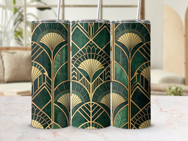 Elegant Green Gold Art Deco Pattern 20oz Skinny Sublimation Tumbler Wrap