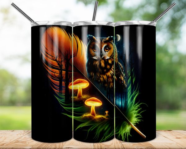 Owl Feather Moonlit Forest Tumbler, 20oz Skinny Sublimation Tumbler, Glow in the Dark Mug, Nature-Themed Tumbler