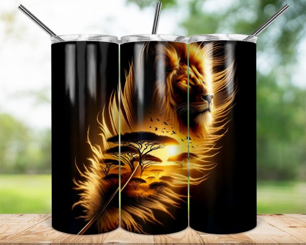 Lion 20oz Skinny Tumbler Wrap, African Savannah Sunset 20oz Tumbler, Wildlife Art Sublimation Tumbler, Animal Print Drinkware