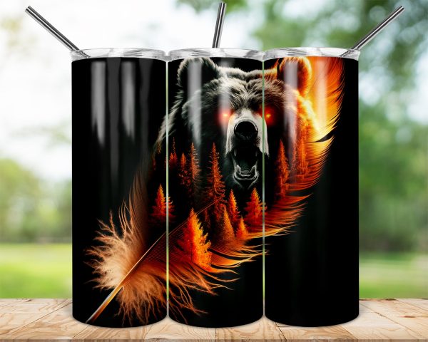 Bear Forest Fire Tumbler, 20oz Skinny Sublimation Wrap, Double Walled Insulated Tumbler, Unique Gift for Nature Lovers