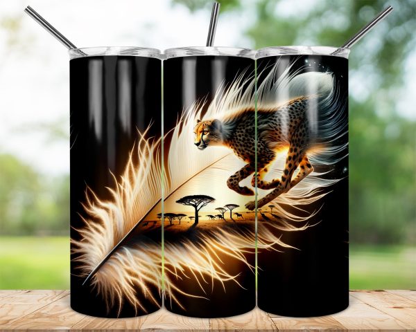 Cheetah Feather Art 20oz Skinny Tumbler Wrap, Sublimation Tumbler, Wildlife Design Tumbler, Safari-Themed Drinkware, Unique Gift Idea