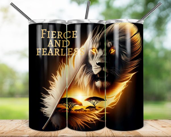 Fierce and Fearless Tumbler, 20oz Skinny Sublimation Wrap, Lion and Feather Design, Safari Theme Tumbler, Bold Inspirational Gift