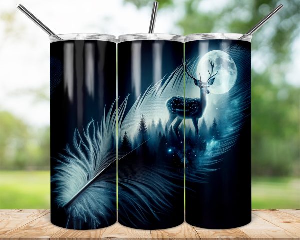 Moonlit Deer Forest, Feather Art Design, Skinny Tumbler Wrap, 20oz Sublimation, Unique Nature Theme, Mystical Night Scene, Forest Animals