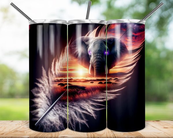 African Elephant Feather Art, 20oz Skinny Tumbler Wrap, Wildlife Sublimation Design, Nature Sunset Tumbler Wrap, Animal Print Tumbler