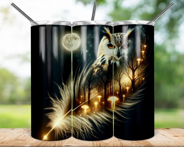 Owl Forest Moonlit Night 20oz Skinny Sublimation Tumbler Wrap, Ethereal Feather Design with Glowing Mushrooms and Night Sky, Celestial