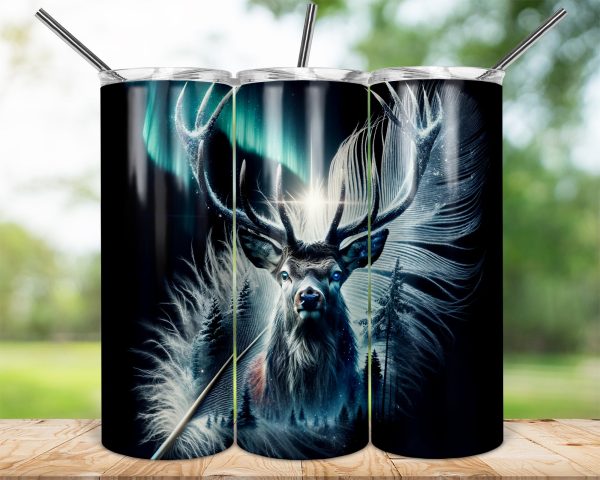 Northern Lights Reindeer Tumbler, 20oz Sublimation Wrap, Winter Forest Design, Starry Night Deer Art, Christmas Gift