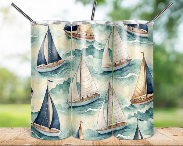 Nautical Sailboats Pattern on Blue Waves 20oz Skinny Tumbler Wrap