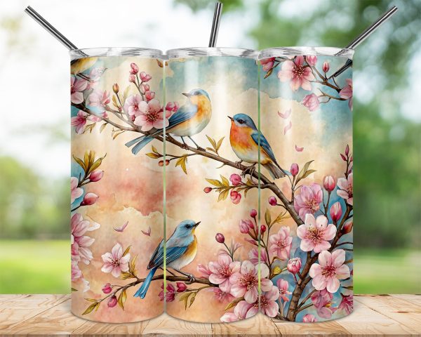 Beautiful Birds on Cherry Blossoms 20oz Skinny Sublimation Tumbler Wrap