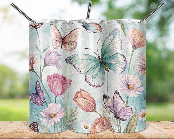 Elegant Butterflies and Flowers Design 20oz Skinny Sublimation Tumbler Wrap