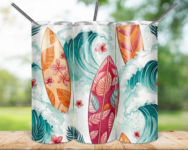 Vibrant Tropical Surfboard Artwork 20oz Skinny Sublimation Tumbler Wrap