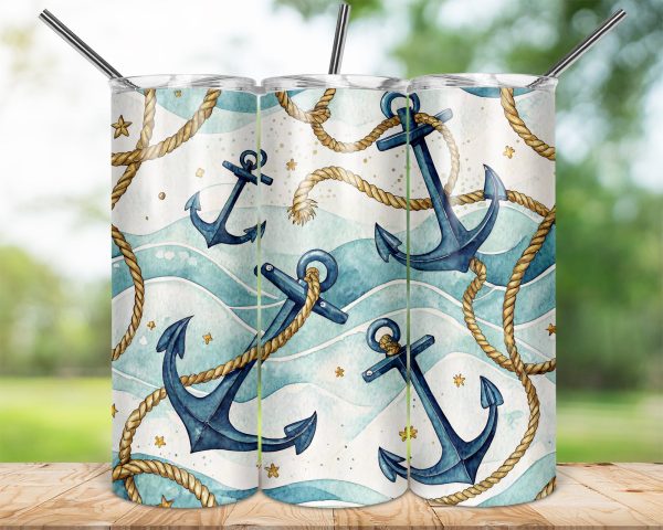 Anchors And Ropes Nautical Blue Waves 20oz Skinny Sublimation Tumbler Wrap