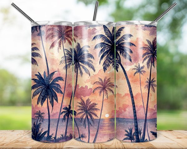 Vintage Sunset Palm Trees Tropical Beach Scene 20oz Skinny Sublimation Tumbler Wrap