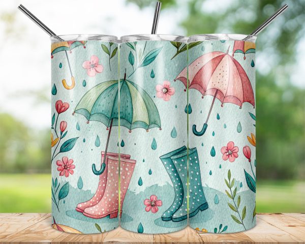 Umbrellas and Rain Boots Floral 20oz Skinny Sublimation Tumbler Wrap