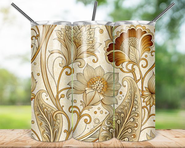 Elegant Gold and Beige Floral Pattern 20oz Skinny Sublimation Tumbler Wrap - Image 2