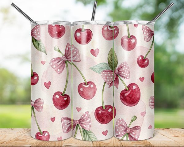 Adorable Cherry Heart and Bow Pattern 20oz Skinny Sublimation Tumbler Wrap - Image 2