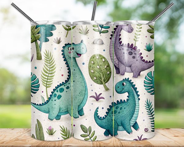 Dinosaur Theme Design Green Purple 20oz Skinny Sublimation Tumbler Wrap - Image 2