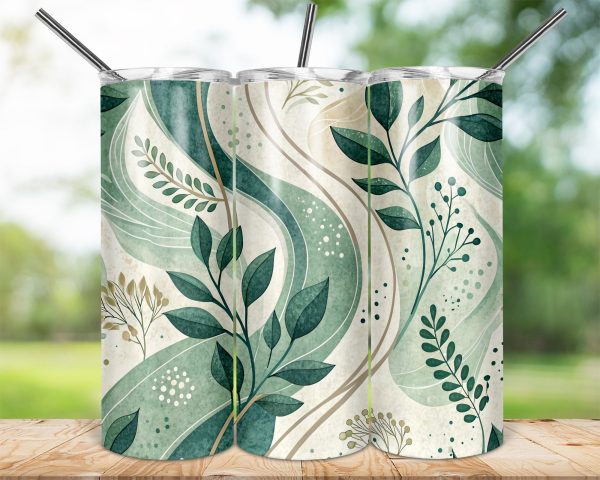 Botanical Leaf Pattern with Abstract Waves Design 20oz Skinny Sublimation Tumbler Wrap - Image 2