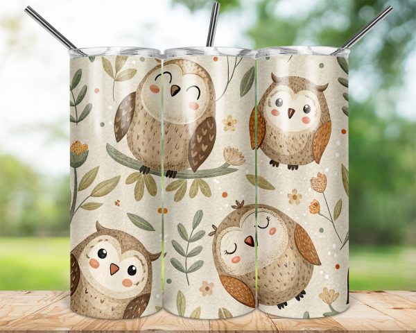 Cute Owls and Leaves Illustration 20oz Skinny Sublimation Tumbler Wrap - Image 2