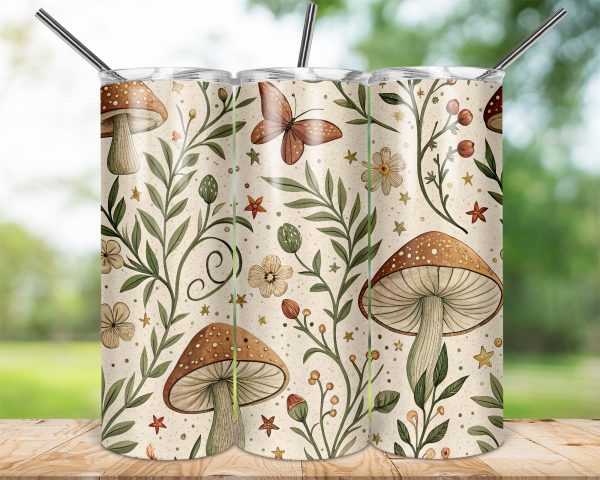 Whimsical Nature Mushroom and Butterfly 20oz Skinny Sublimation Tumbler Wrap - Image 2