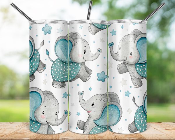 Cute Elephant and Star Design 20oz Skinny Sublimation Tumbler Wrap - Image 2