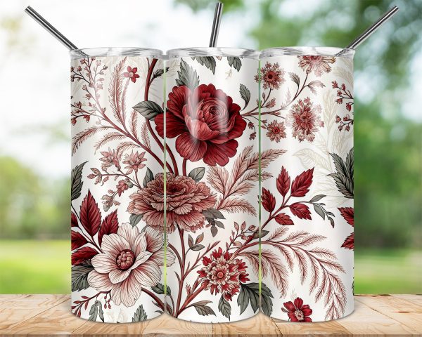 Beautiful Detailed Red Floral Print 20oz Skinny Sublimation Tumbler Wrap - Image 2