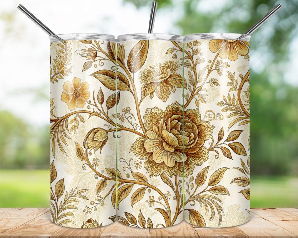 Vintage Gold Floral Pattern 20oz Skinny Sublimation Tumbler Wrap - Image 2