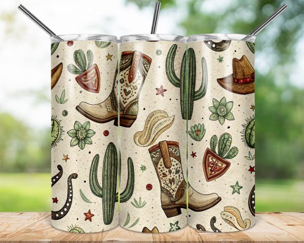 Country Western Cowboy Boot Cactus 20oz Skinny Sublimation Tumbler Wrap - Image 2