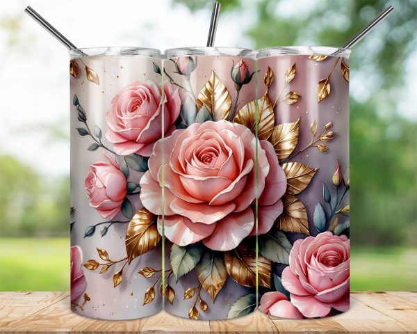 Elegant Vintage Roses with Golden Leaves 20oz Skinny Tumbler Sublimation Wrap